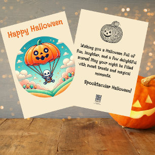 かぼちゃのパラシュートで飛ぶスケルトン,ハロウィン シーズンカード