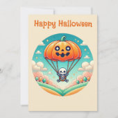 かぼちゃのパラシュートで飛ぶスケルトン,ハロウィン  シーズンカード (正面)