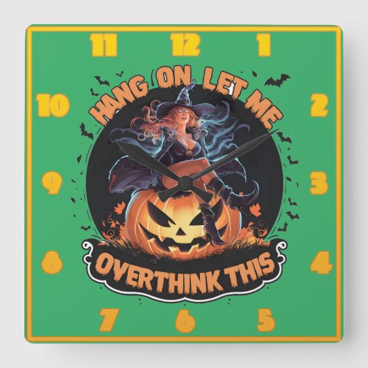 かぼちゃの上で遊んで考える魔女 スクエア壁時計 (正面)