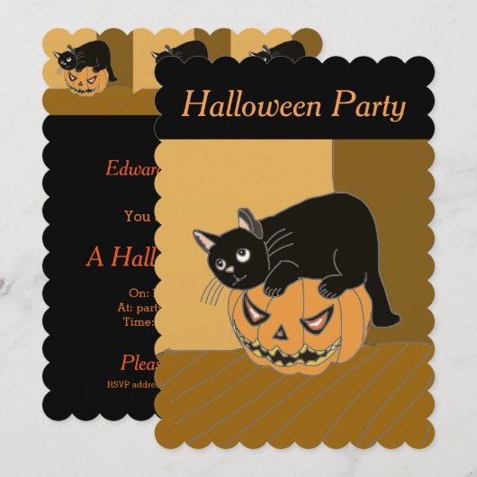 かぼちゃの上の可愛い猫 ハロウィンの招待状 招待状 (正面/裏面)