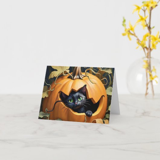 かぼちゃの中の美しい黒猫 カード (黄色い花)