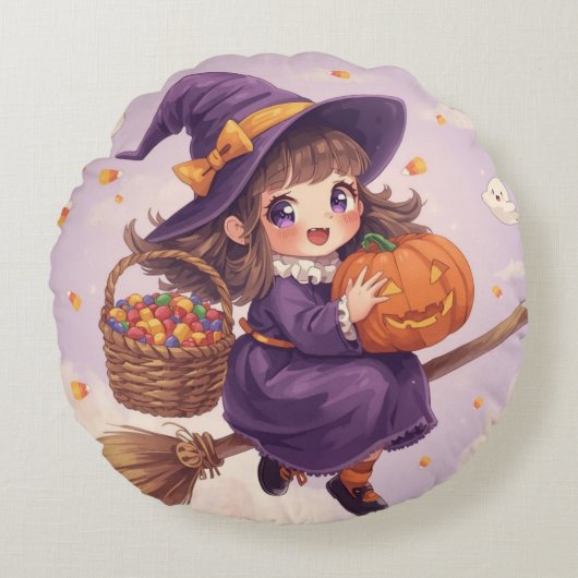 かぼちゃの枕を持って飛ぶ小さな魔女 ラウンドクッション (正面)