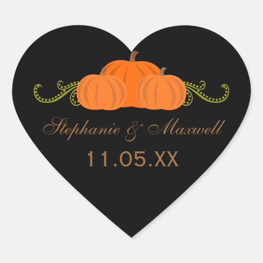 かぼちゃの渦巻き秋の結婚式シール（暗） ハートシール (正面)