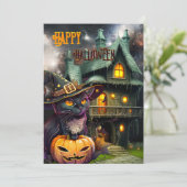 かぼちゃの猫のファンタジー ハロウィン ホリデー カード (スタンド正面)