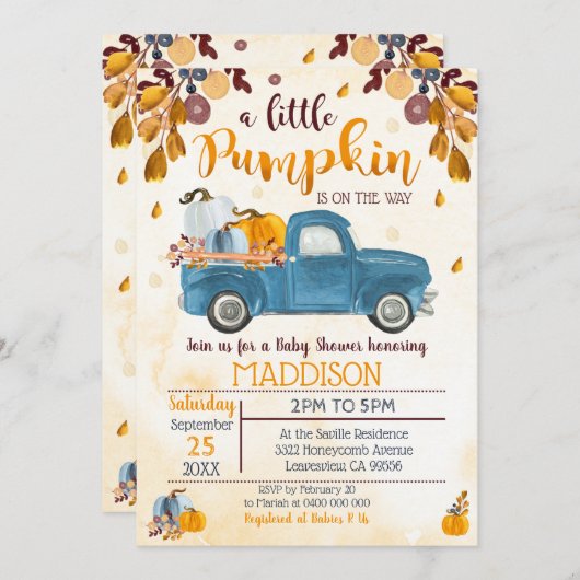 かぼちゃの赤ちゃん歓迎会　男の子　トラック　かぼちゃ 招待状 (正面/裏面)