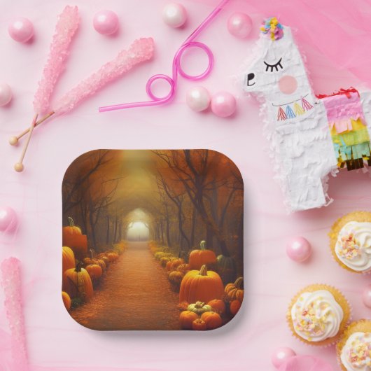 かぼちゃの道美しい秋のシーン ペーパープレート