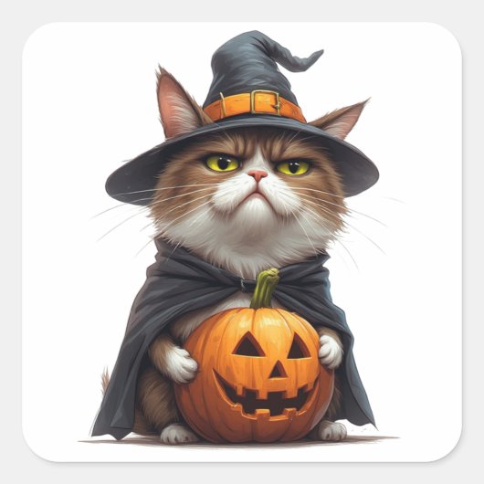 かぼちゃの魔女の格好をしたグリム猫 🎃 スクエアシール (正面)
