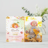 かぼちゃの1歳の誕生日招待状 秋 落ち葉 ピンク 招待状 (スタンド正面)