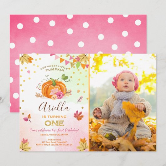 かぼちゃの1歳の誕生日招待状 秋 落ち葉 ピンク 招待状 (正面/裏面)