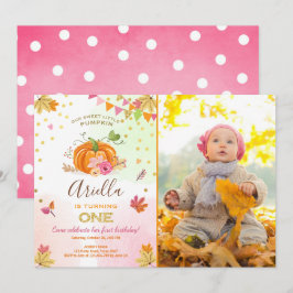 かぼちゃの1歳の誕生日招待状 秋 落ち葉 ピンク 招待状