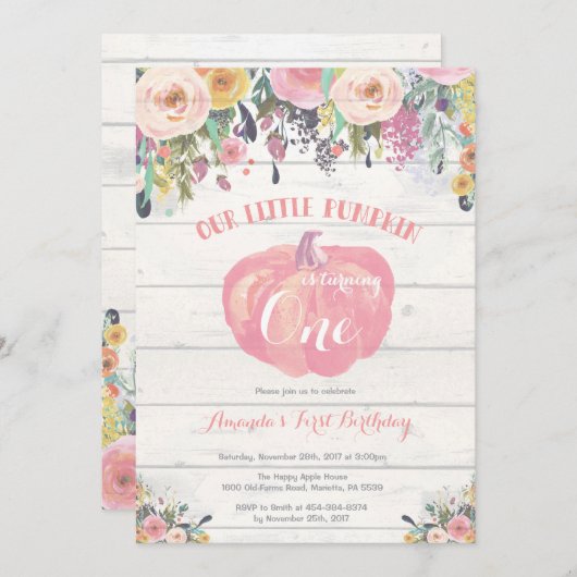 かぼちゃの1歳誕生日招待状 フラワーリース ナチュラル 招待状 (正面/裏面)