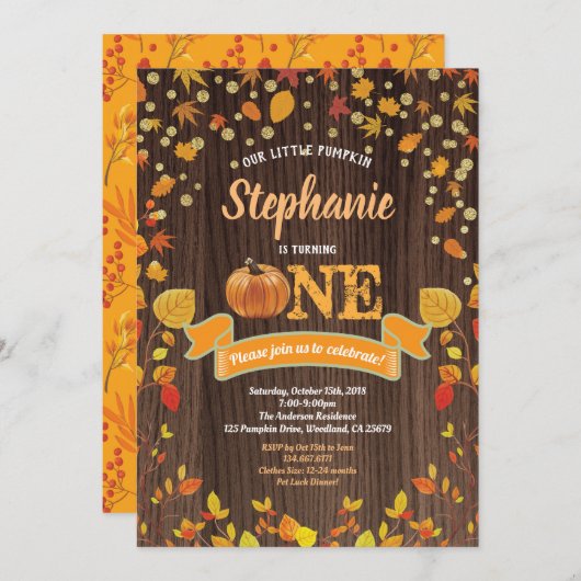 かぼちゃの1歳誕生日招待状。素朴な木製 招待状 (正面/裏面)
