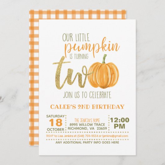 かぼちゃの2歳の誕生日招待状 - オレンジの格子縞 招待状 (正面/裏面)