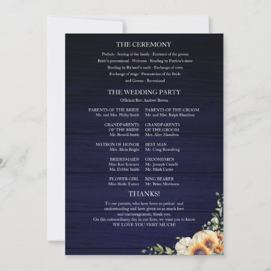 かぼちゃひまわり秋の結婚式式プログラム 招待状 (裏面)