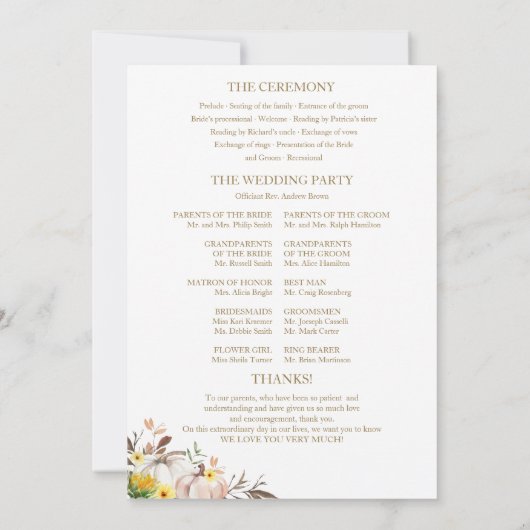 かぼちゃひまわり秋の結婚式式プログラム 招待状 (裏面)