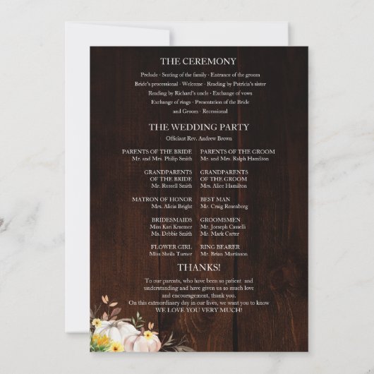 かぼちゃひまわり秋の結婚式式プログラム 招待状 (裏面)