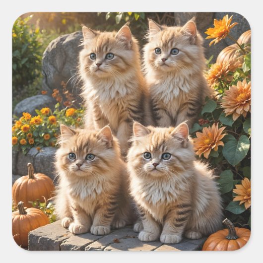 かぼちゃやラムを使ったふわふわした秋の子猫4匹 スクエアシール (正面)