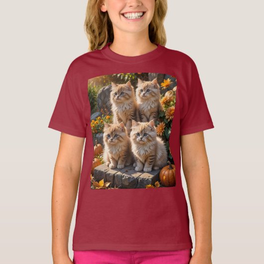 かぼちゃやラムを使ったふわふわした秋の子猫4匹 Tシャツ (正面)