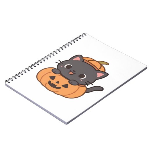 かぼちゃよくはしゃぐのTシャツから黒猫が飛び出す –  ノートブック (左側)