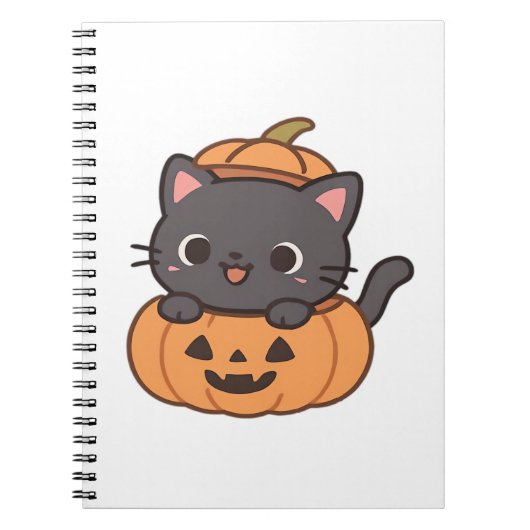 かぼちゃよくはしゃぐのTシャツから黒猫が飛び出す –  ノートブック (正面)