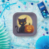 かぼちゃを彫ったかわいい白熱［赤熱］光を放つ黒猫 ペーパープレート (パーティー)