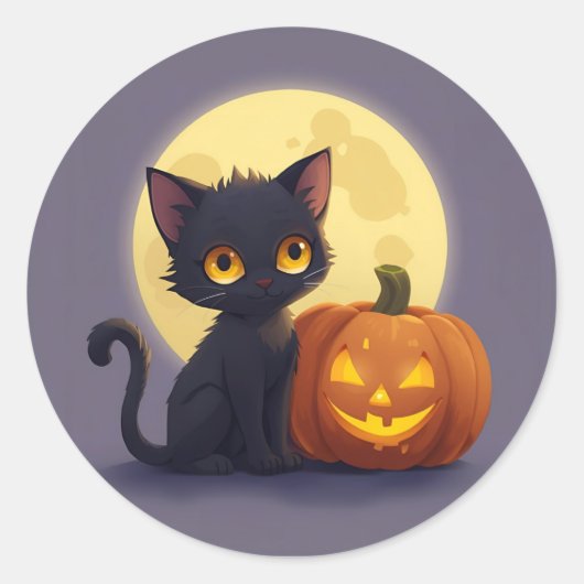 かぼちゃを彫ったかわいい白熱［赤熱］光を放つ黒猫 ラウンドシール (正面)