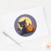 かぼちゃを彫ったかわいい白熱［赤熱］光を放つ黒猫 ラウンドシール (封筒)