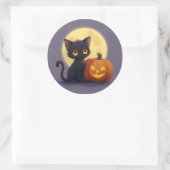 かぼちゃを彫ったかわいい白熱［赤熱］光を放つ黒猫 ラウンドシール (バッグ)