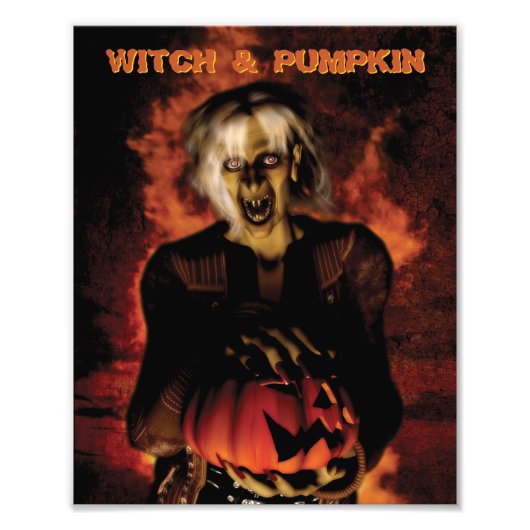 かぼちゃを持った邪悪な魔女。ハロウィン フォトプリント (正面)