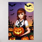 かぼちゃを持っている若い女性の茶色の髪 | AI Art ポスター (正面)