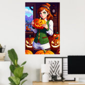 かぼちゃを持っている若い女性の長い髪 | AI Art ポスター (ホームオフィス)