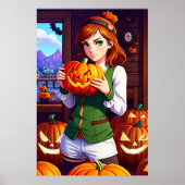 かぼちゃを持っている若い女性の長い髪 | AI Art ポスター (正面)