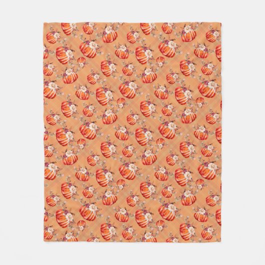 かぼちゃオレンジ秋フローラ格子秋 フリースブランケット (正面)