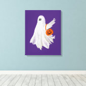 かぼちゃキャンディバケットによるトリックまたは処理幽霊 キャンバスプリント (インサイチュ (ウッドフロア))