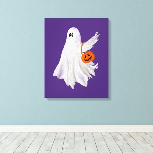 かぼちゃキャンディバケットによるトリックまたは処理幽霊 キャンバスプリント (インサイチュ (ウッドフロア))