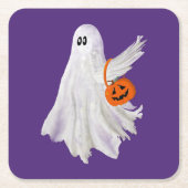 かぼちゃキャンディバケットによるトリックまたは処理幽霊 スクエアペーパーコースター (正面)