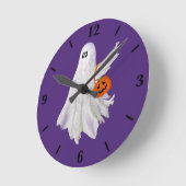 かぼちゃキャンディバケットによるトリックまたは処理幽霊 ラウンド壁時計 (傾斜)