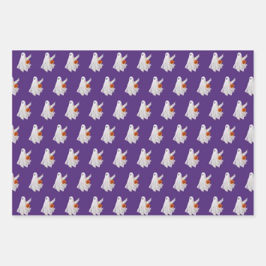 かぼちゃキャンディバケットによるトリックまたは処理幽霊 ラッピングペーパーシート (正面)