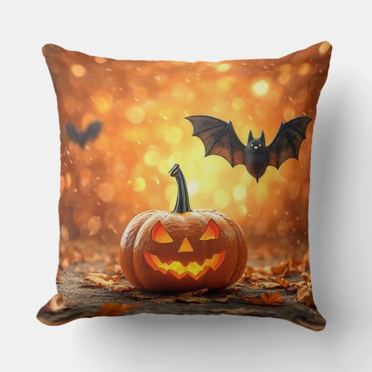 🎃🧡 かぼちゃコウモリ スプーキーなハロウィンナイトの雰囲気 クッション (正面)
