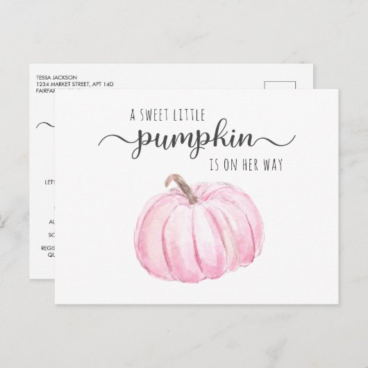かぼちゃピンクの水彩の女の子の赤ちゃんシャワー – 郵便で インビテーションポストカード (正面/裏面)
