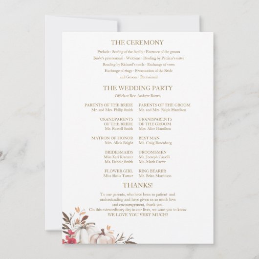 かぼちゃフローラ秋の結婚式式プログラム 招待状 (裏面)