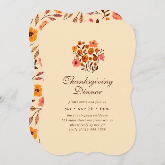 かぼちゃモダンの花のパターン感謝祭 招待状 (正面/裏面)
