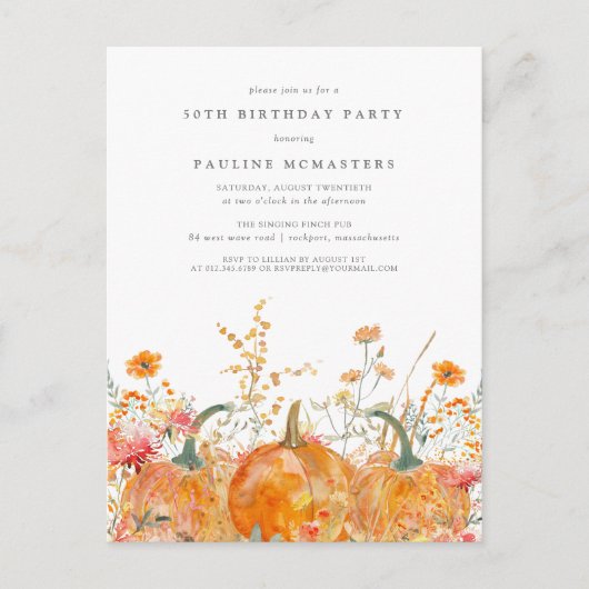 かぼちゃワイルドフラワー秋50thバースデーパーティー インビテーションポストカード (正面)