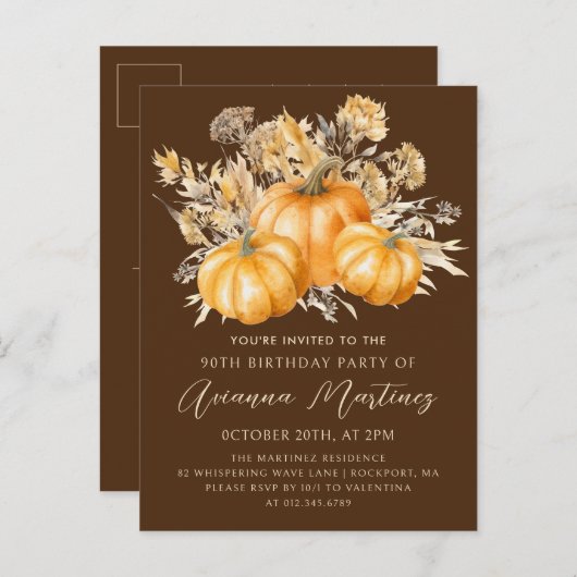 かぼちゃワイルドフラワー秋90thバースデーパーティー インビテーションポストカード (正面/裏面)