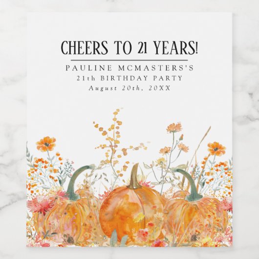 かぼちゃワイルドフラワー21歳パーソナライズされた誕生日 ワインラベル (シングルラベル)