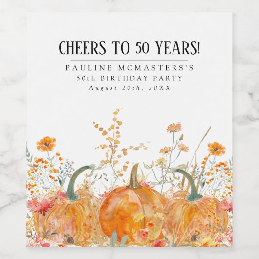 かぼちゃワイルドフラワー50誕生日 パーソナライズされた ワインラベル (シングルラベル)