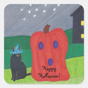 かぼちゃ幽霊と魔法使い猫ハロウィンステッカー スクエアシール