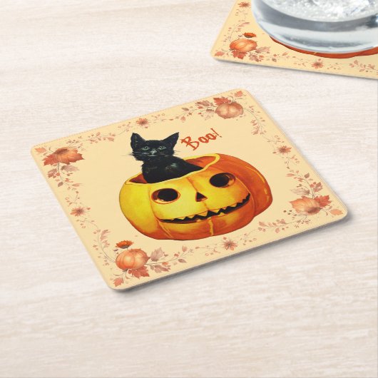 かぼちゃ枕のハロウィーン猫 スクエアペーパーコースター (アングル)