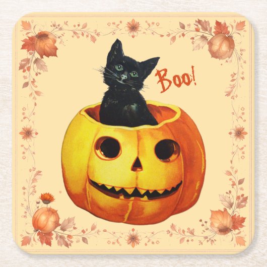かぼちゃ枕のハロウィーン猫 スクエアペーパーコースター (正面)