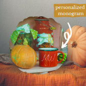 かぼちゃ素朴と赤いマグカップの付いた静かな生活 ラウンドクッション